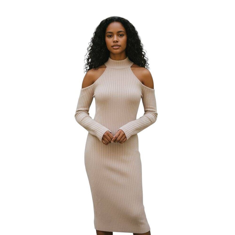 CHARLOTTE RUSSE CREAM BODYCON TURTLENECK CUTOUT DRESS SZ.L EUC.